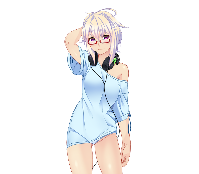 1girl arms_up blush fuuko_ouji game_cg glasses headphones legs looking_at_viewer nana_g no_bra onee-chan_saimin_before_after panties pink_eyes short_hair simple_background smile solo standing thighs underwear white_background white_hair