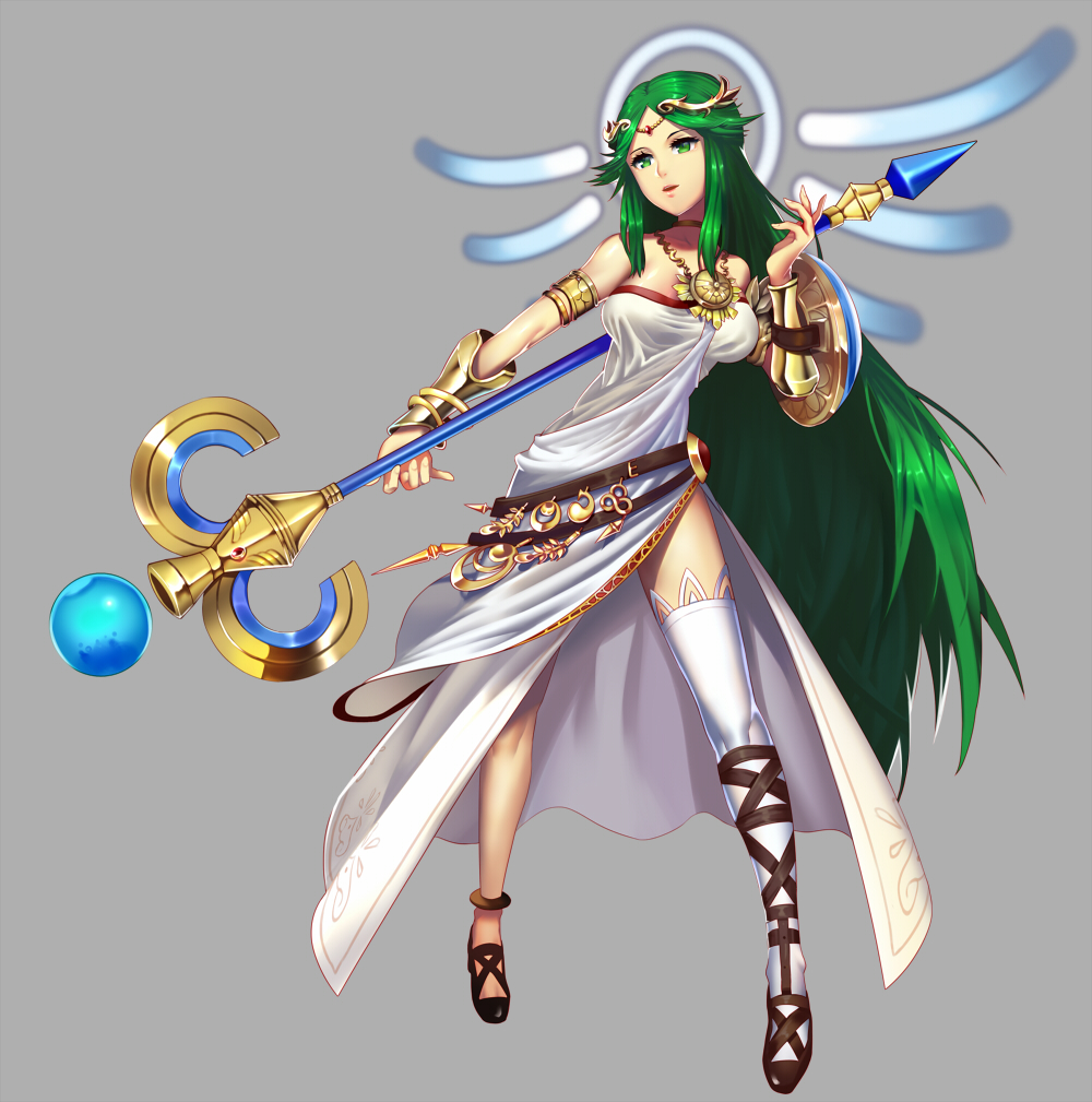 1girl bridal_gauntlets female green_hair jewelry kid_icarus long_hair lots_of_jewelry lvlv palutena sandals shield single_thighhigh solo staff thigh-highs very_long_hair