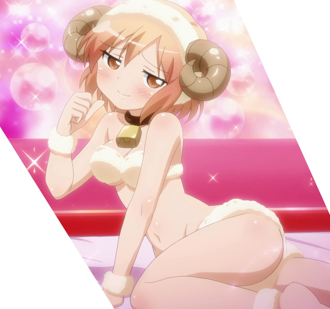1girl ass bare_shoulders bell breasts cleavage cosplay delusion horns kotoura-san kotoura_haruka looking_at_viewer smile solo sparkle