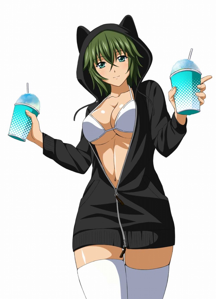 00s 1girl bra breasts cup dessert food green_hair ikkitousen kyocho_chuukou large_breasts looking_at_viewer official_art shaved_ice smile solo standing thigh-highs underwear white_background