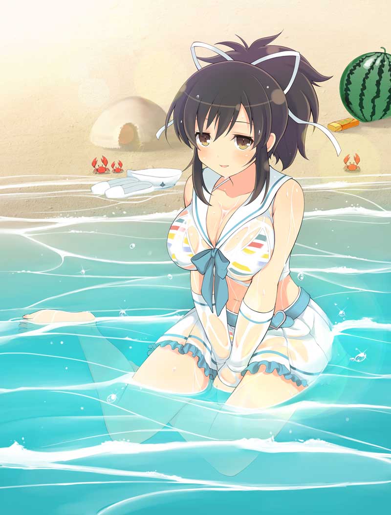 asuka_(senran_kagura) beach bikini crab food fruit kneeling official_art sand sand_castle sand_sculpture see-through senran_kagura senran_kagura_(series) swimsuit water watermelon wet wet_clothes yaegashi_nan