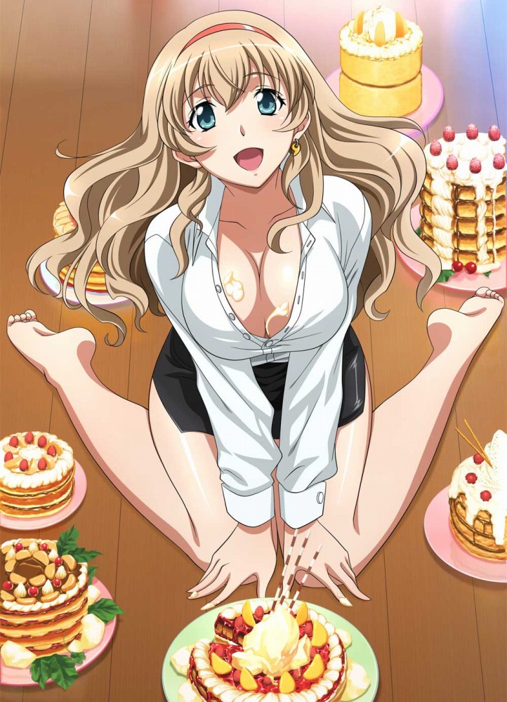00s 1girl barefoot breasts cake earrings food ikkitousen jewelry large_breasts long_hair looking_at_viewer official_art sitting skirt smile solo sonken_chuubou
