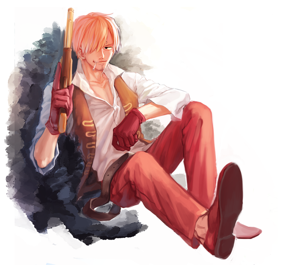 1boy blonde_hair gloves gun hair_over_one_eye male_focus one_piece one_piece_film_z pants red_pants sanji shirt sitting solo vest weapon white_shirt yamsong