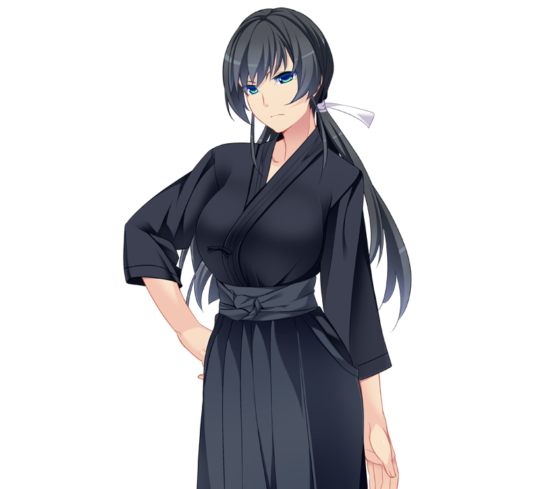 1girl black_hair blue_eyes breasts game_cg hair_ribbon hand_on_hip japanese_clothes kimono large_breasts long_hair looking_at_viewer nana_g onee-chan_saimin_before_after ribbon serious simple_background solo standing twintails white_background