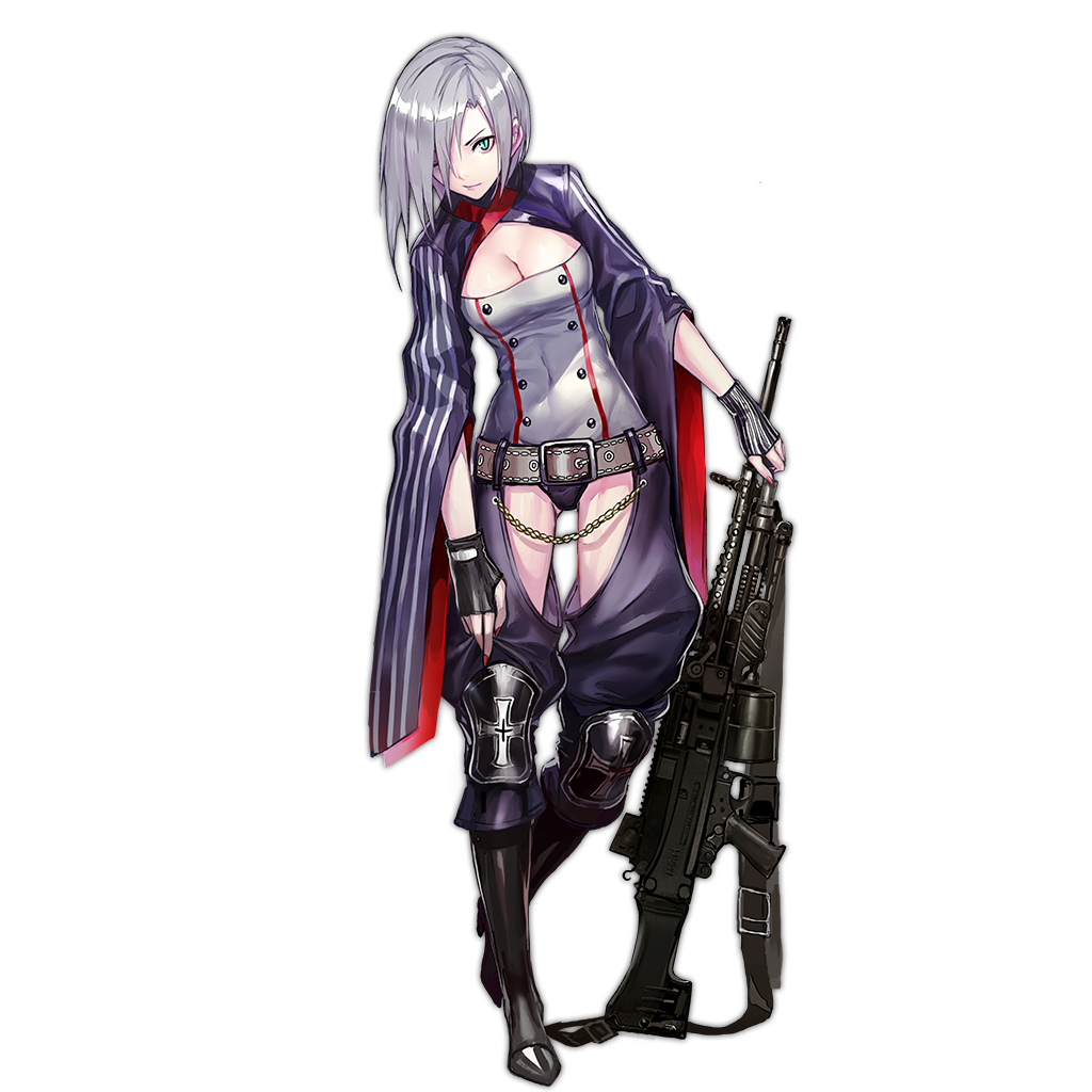 1girl belt breasts chains eyebrows fingerless_gloves full_body girls_frontline gloves grey_hair gun hair_over_one_eye holding holding_gun holding_weapon impossible_clothes impossible_leotard iron_cross knee_pads large_breasts leotard looking_at_viewer mg5 mg5_(girls_frontline) official_art one_eye_closed short_hair solo standing transparent_background weapon