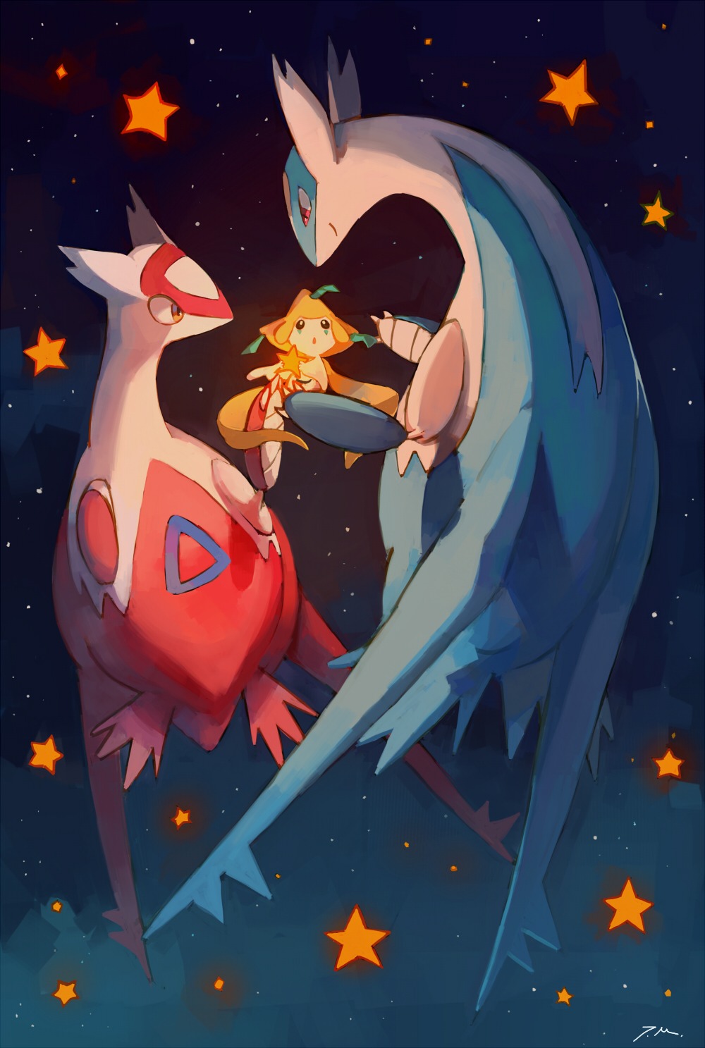 bluekomadori jirachi latias latios night night_sky no_humans pokemon sky star_(sky)