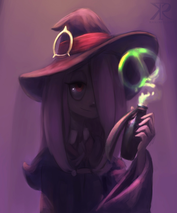 1girl fausto female grin hair_over_one_eye hat little_witch_academia potion purple_hair red_eyes skull smile solo sucy_manbabalan witch witch_hat