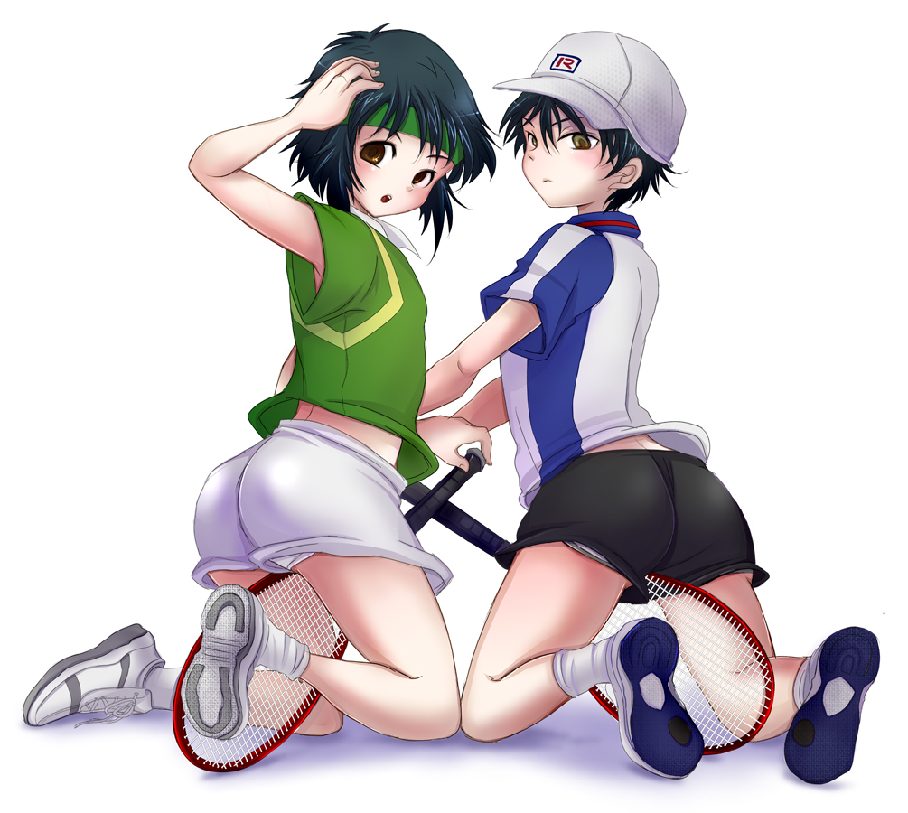 2boys androgynous ass baseball_cap black_hair blush brown_eyes child dan_taichi echizen_ryooma from_behind frown gym_shorts gym_uniform hat headband looking_at_viewer looking_back male_focus multiple_boys open_mouth parted_lips racket shoes short_hair shorts sportswear tennis_no_ouji-sama tennis_racket tennis_uniform track_jacket trap yk