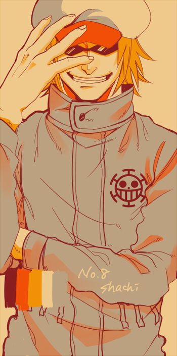 1boy ag_wolf agito013 color_palette grin hand_on_headwear hat heart_pirates jolly_roger limited_palette male_focus one_piece orange_hair palette pirate shachi_(one_piece) smile solo sunglasses