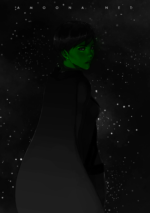 1girl alien amoona artist_name camouflaged cloak dc_comics green_skin hidden miss_martian realistic short_hair sky solo space star_(sky) starry_sky young_justice:_invasion