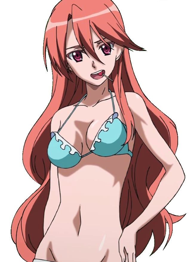 1girl akame_ga_kill! bikini breasts brown_hair candy chelsea_(akame_ga_kill!) cleavage lollipop long_hair open_mouth red_eyes simple_background smile standing stitched swimsuit white_background