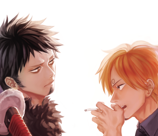 2boys blonde_hair brown_hair cigarette eye_contact facial_hair goatee looking_at_another male_focus multiple_boys one_piece profile sanji sheathed_sword smoking trafalgar_law yamsong yellow_eyes