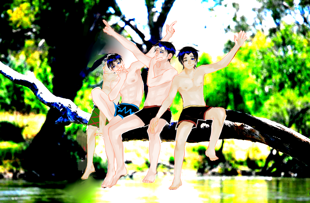 4boys alternate_costume barefoot batman_(series) black_hair blue_eyes brothers damian_wayne dc_comics dick_grayson family grimace hand_on_own_face in_tree jason_todd jumping leg_up male_focus multicolored_hair multiple_boys outdoors pointing pond siblings sitting smile smirk swim_trunks swimsuit tim_drake topless tree two-tone_hair water wave wink