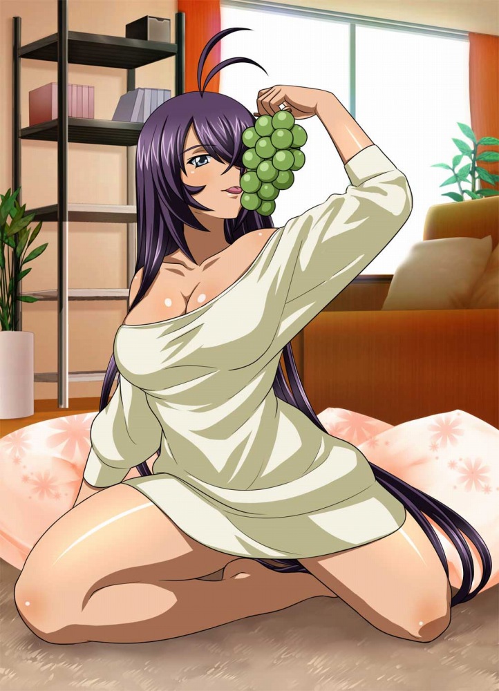 00s 1girl blue_eyes breasts dark_skin food fruit grapes ikkitousen kan'u_unchou large_breasts licking long_hair official_art purple_hair solo tongue