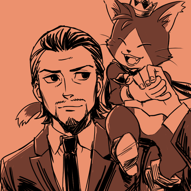 cait_sith cat crown final_fantasy final_fantasy_vii formal monochrome necktie open_mouth reeve_tuesti sen_(pixiv111638) shoulder_perch smile suit