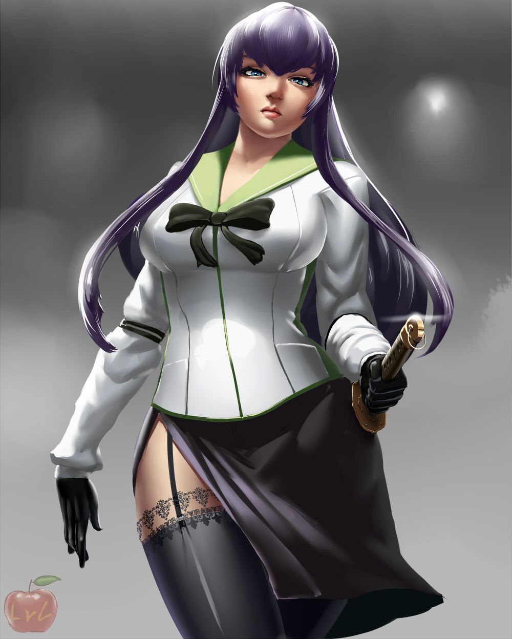 1girl blue_eyes breasts busujima_saeko gloves highschool_of_the_dead large_breasts long_hair looking_at_viewer purple_hair school_uniform skirt solo standing sword thigh-highs weapon