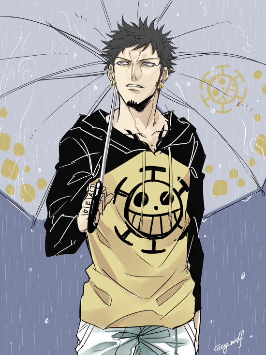 1boy ag_wolf agito013 earrings facial_hair goatee hood hoodie jewelry jolly_roger male_focus one_piece pirate raglan_sleeves rain solo tattoo trafalgar_law twitter_username umbrella water