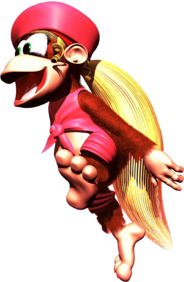 1995 1girl 3d 90s animal barefoot blonde_hair bottomless dixie_kong donkey_kong_(series) feet green_eyes happy hat long_hair monkey nintendo no_humans official_art ponytail simple_background soles solo toes