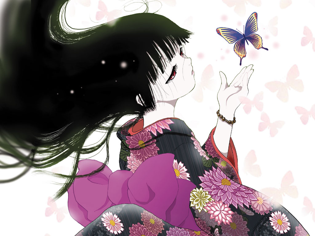 bangs black_hair blunt_bangs bow bracelet butterfly enma_ai hime_cut japanese_clothes jewelry jigoku_shoujo kimono long_hair red_eyes yoiyoi