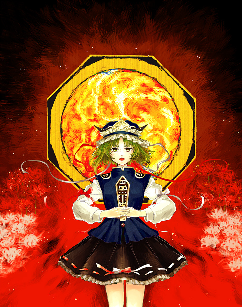 1girl fire flower green_eyes green_hair hat kimochi looking_at_viewer mirror ribbon rod_of_remorse shiki_eiki short_hair skirt solo spider_lily touhou