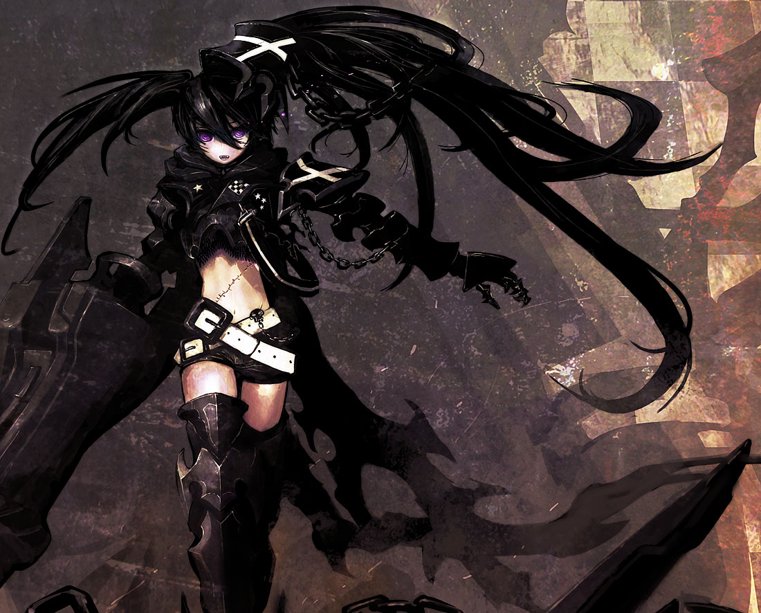 armor belt black_hair black_rock_shooter black_rock_shooter_(character) chain huke insane_black_rock_shooter long_hair midriff purple_eyes scar shorts stitches thighhighs twintails uneven_twintails violet_eyes weapon