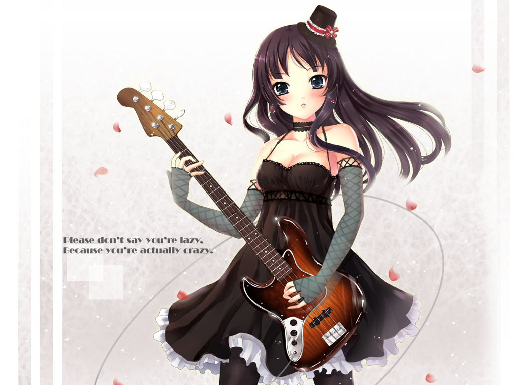 akiyama_mio bad_id bare_shoulders black_hair blue_eyes don't_say_"lazy" dress english guitar hat instrument k-on! mini_top_hat pantyhose sadakofxe solo top_hat