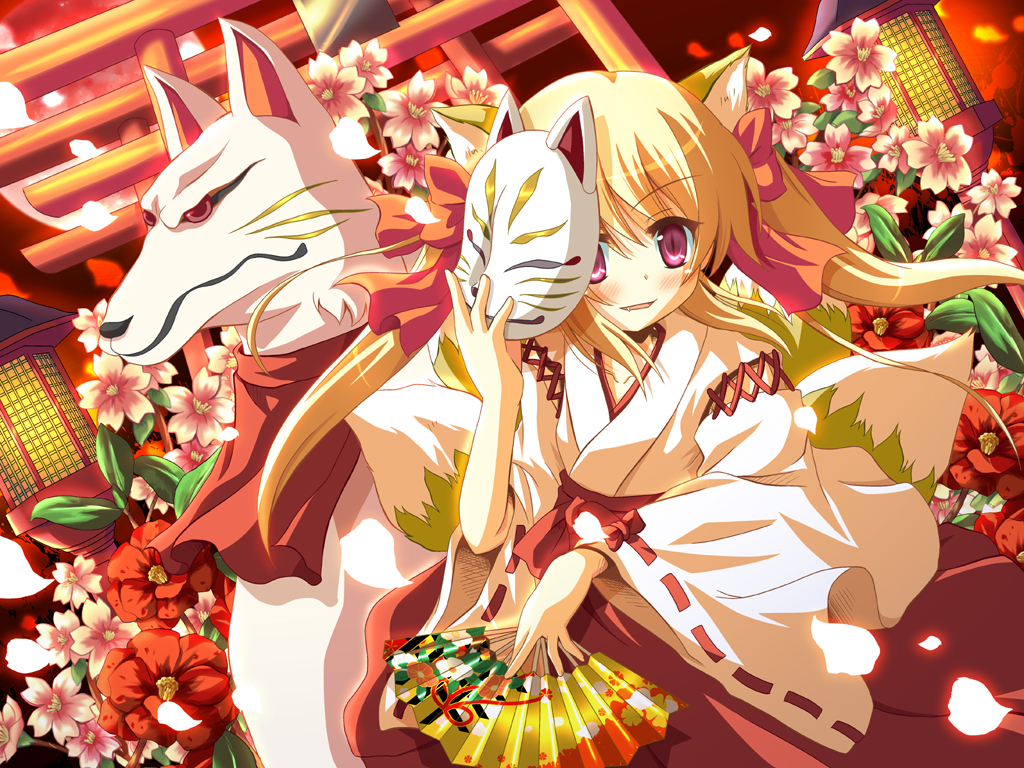 fan flower foxgirl japanese_clothes miko tagme