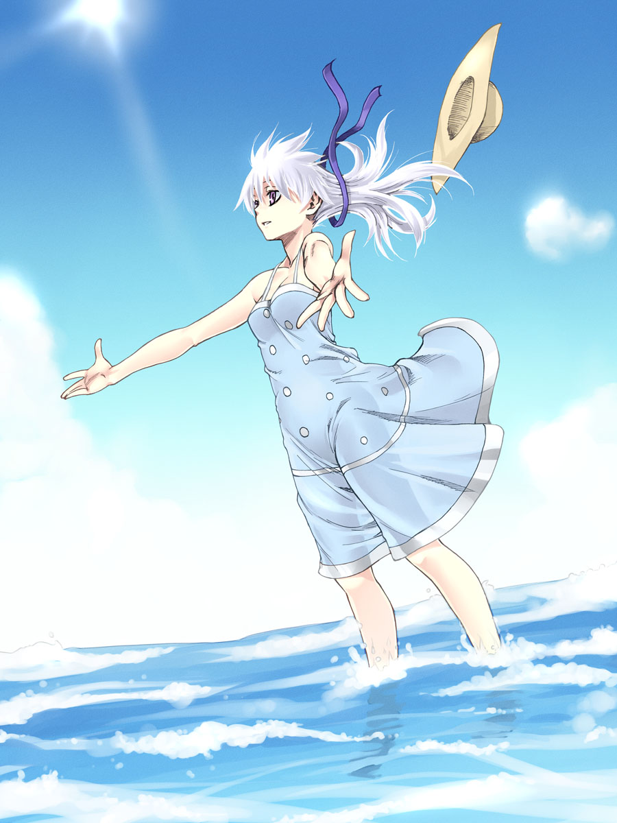 as-special bare_shoulders darker_than_black dress foreshortening hands hat hat_removed headwear_removed highres long_hair outstretched_arms purple_eyes satou_atsuki see-through silver_hair solo spread_arms sun sundress sunlight untied wading water wind yin