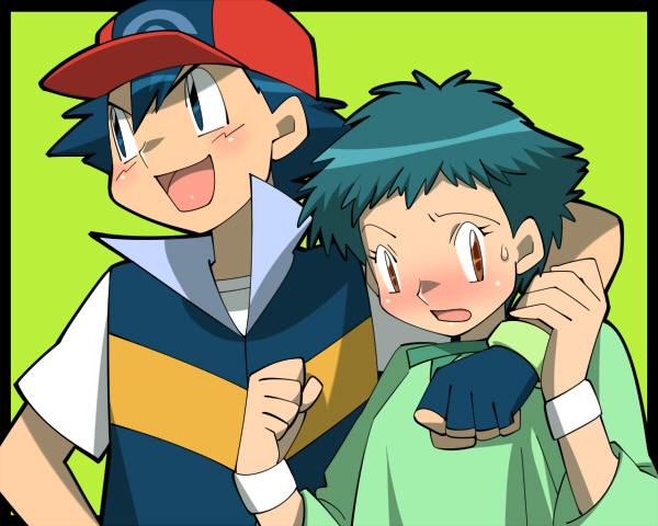 1boy 1girl amada aoi_(pokemon) blush couple fingerless_gloves gloves hat pokemon pokemon_(anime) reverse_trap satoshi_(pokemon) short_hair wristband wristbands