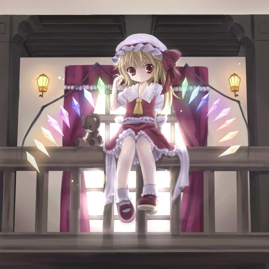 blonde_hair bobby_socks flandre_scarlet glowing hair_twirling hanabana_tsubomi hat lamp mary_janes notenotenote ponytail red_eyes shoes side_ponytail sitting socks stuffed_animal stuffed_toy teddy_bear touhou window wings