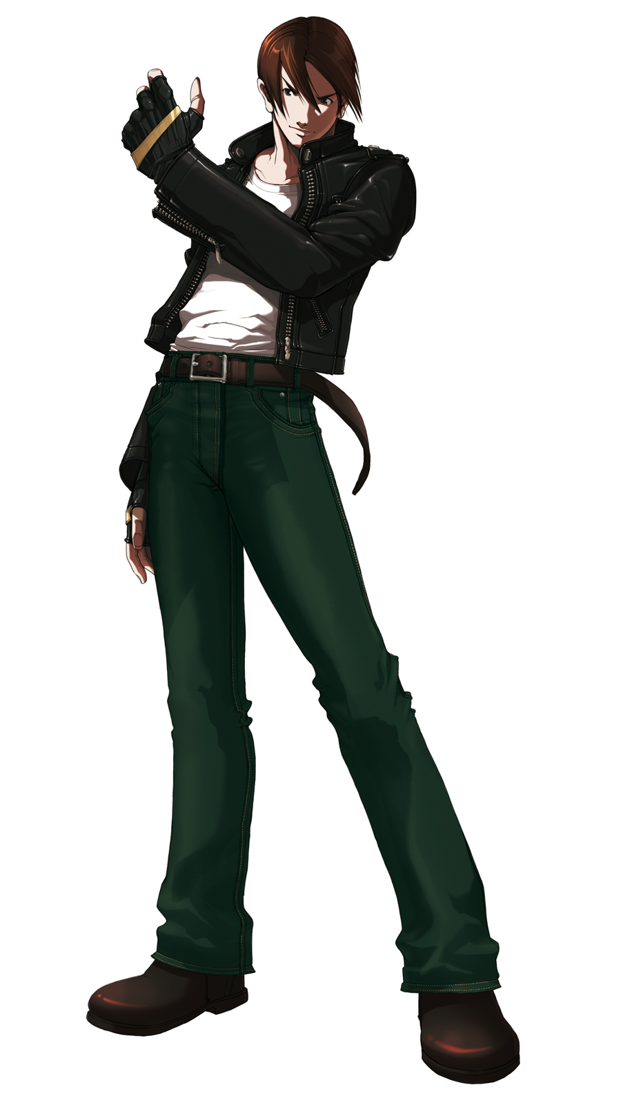 1boy belt black_jacket boots brown_hair closed_mouth falcoon fingerless_gloves full_body gloves hair_between_eyes highres jeans king_of_fighters king_of_fighters_2003 kof_2k3 kusanagi_kyo kusanagi_kyou leather_jacket male official_art open_clothes open_jacket short_hair simple_background snk solo standing white_background white_shirt