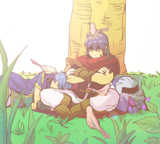 1other 2boys bird bird_on_head bird_on_shoulder blue_hair cape fire_emblem fire_emblem:_mystery_of_the_emblem fire_emblem:_souen_no_kiseki fire_emblem_mystery_of_the_emblem fire_emblem_path_of_radiance gloves hal_laboratory_inc. headband hoshi_no_kirby hoshi_no_kirby:_yume_no_izumi_no_monogatari human ike intelligent_systems kirby's_adventure kirby_(series) kirby_(specie) marth mask meta_knight nintendo sleeping sora_(company) super_smash_bros. super_smash_bros_brawl