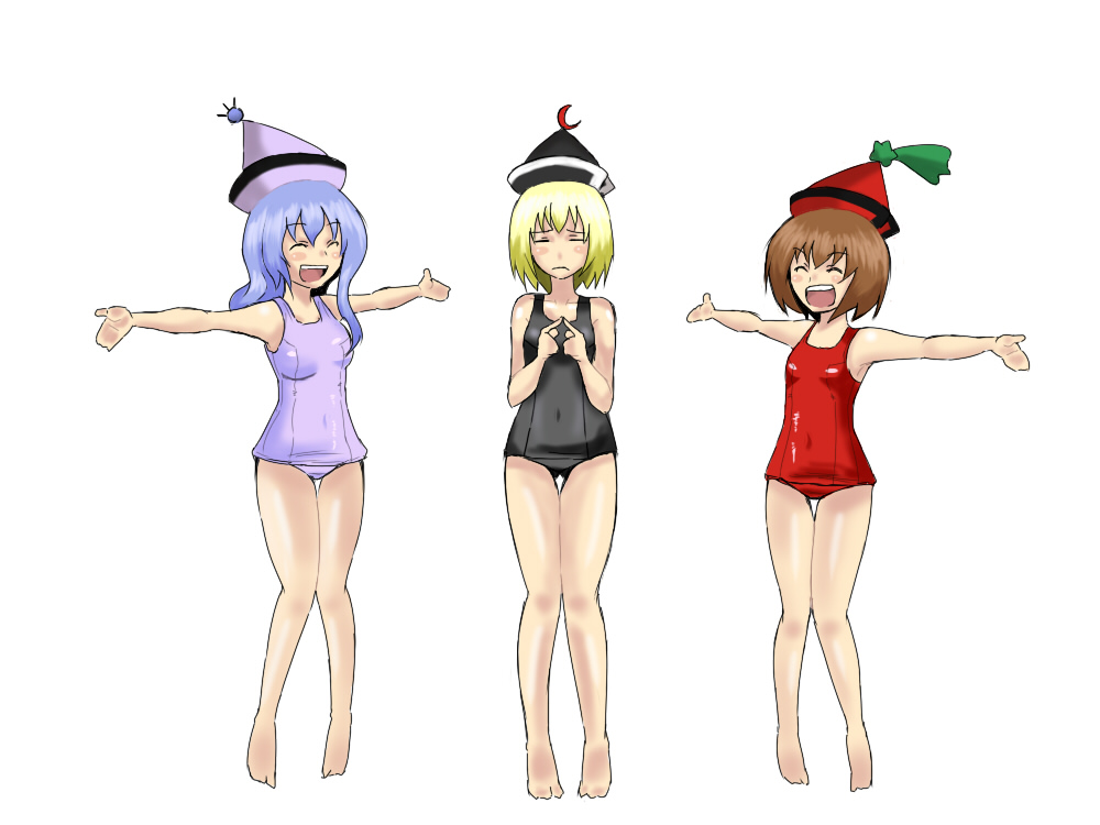barefoot blonde_hair blush brown_hair closed_eyes fingers_together hat lavender_hair lunasa_prismriver lyrica_prismriver merlin_prismriver multiple_girls one-piece one-piece_swimsuit outstretched_arms reon_(pixiv) reon_(saikyou) siblings sisters spread_arms swimsuit touhou