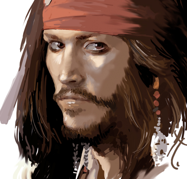 bandana beard brown_eyes brown_hair disney earrings enami_katsumi eyeshadow face facial_hair jack_sparrow jewelry johnny_depp male mustache pirate pirates_of_the_caribbean realistic