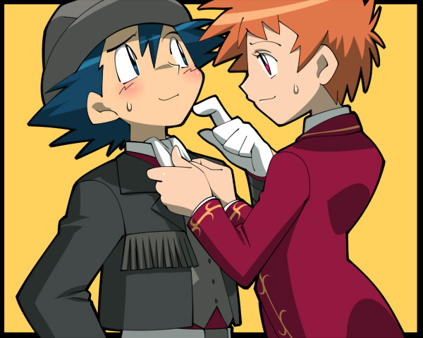 1boy 1girl amada blush couple formal hat hetero nozomi_(pokemon) pokemon pokemon_(anime) satoshi_(pokemon) suit