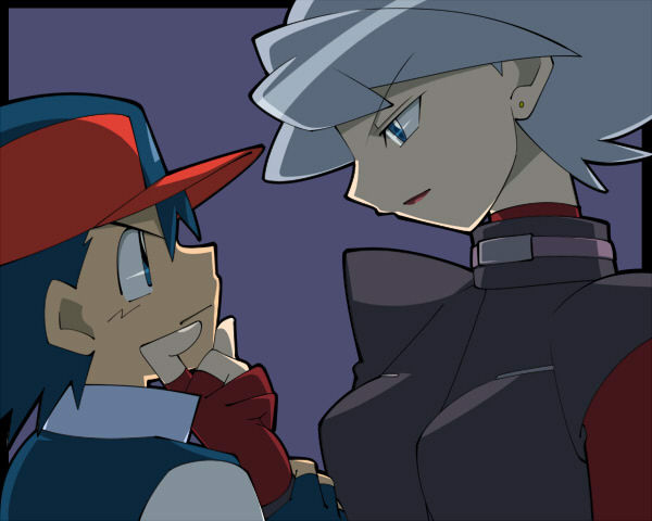 1boy 1girl age_difference amada angry arm_grab bangs baseball_cap blue_eyes blue_hair border breasts bust chin_grab couple earrings eye_contact fingerless_gloves gloves grey_hair hair_between_eyes hat j_(pokemon) jewelry large_breasts lipstick looking_down naughty_face pokemon pokemon_(anime) profile red_lipstick satoshi_(pokemon) short_hair simple_background smile strap trench_coat turtleneck vest