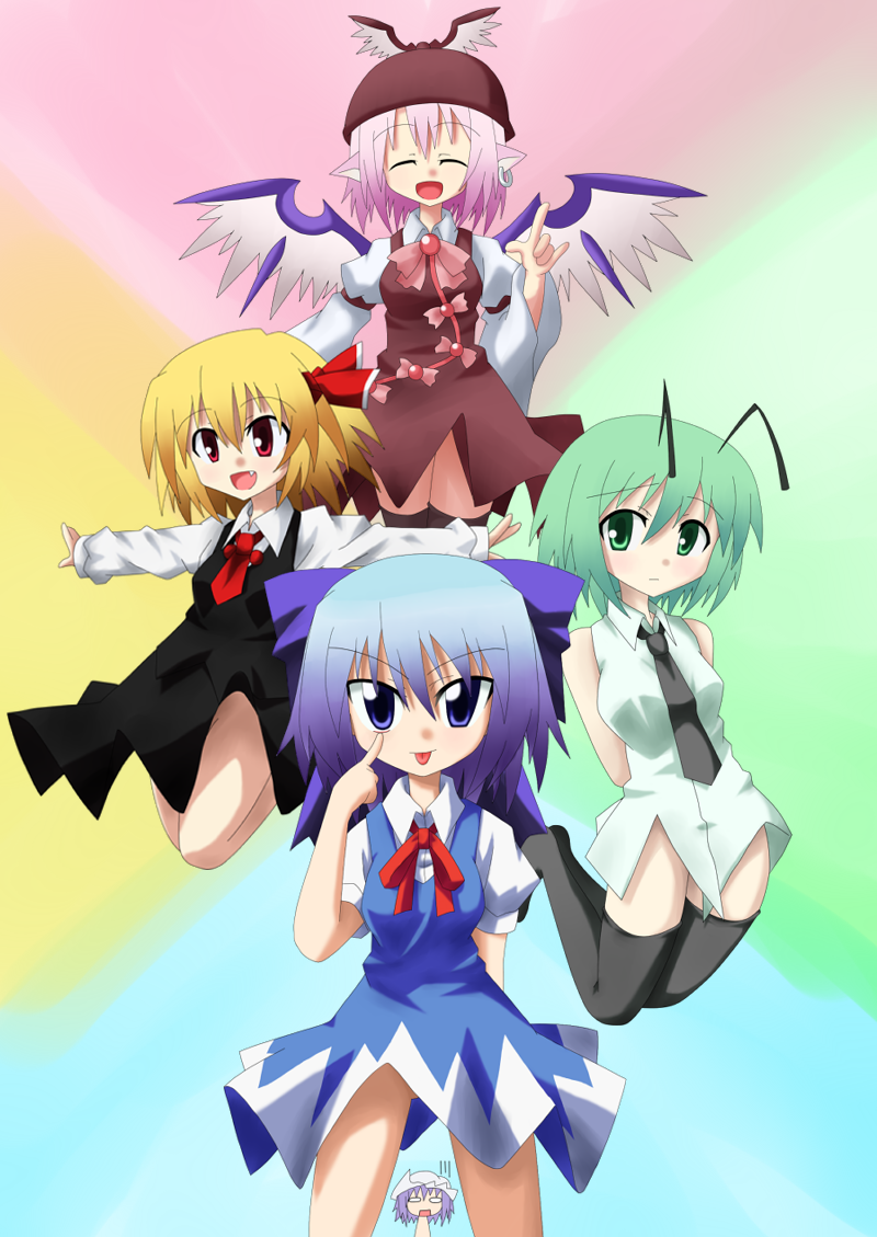 akanbe antennae arms_behind_back blue_eyes blue_hair bottomless bow breasts chikichikibatta cirno closed_eyes dress fang green_eyes green_hair hair_bow hat jewelry letty_whiterock multiple_girls mystia_lorelei no_panties o_o open_mouth pink_hair purple_hair red_eyes rumia single_earring team_9 thigh-highs thighhighs tongue touhou wings wriggle_nightbug
