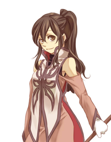 adult anise_tatlin brown_eyes brown_hair glove gloves long_hair lowres ponytail smile staff tales_of_(series) tales_of_the_abyss