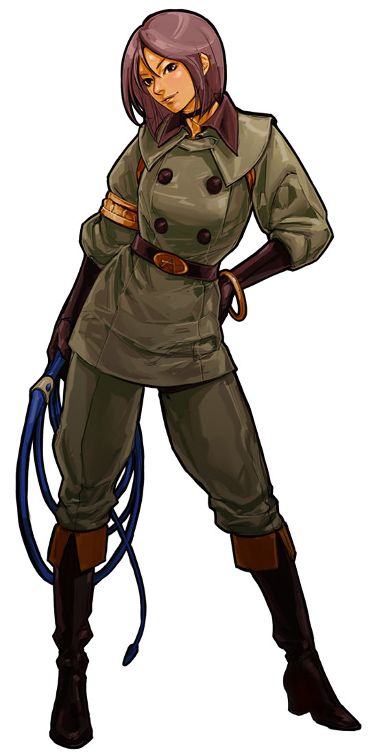 1girl belt black_choker boots bracelet choker female full_body hand_on_hip hiroaki_(artist) hiroaki_(kof) holding holding_whip jewelry king_of_fighters king_of_fighters_xi knee_boots kof_11 military military_uniform official_art short_hair simple_background snk solo standing uniform whip whip_(kof) white_background