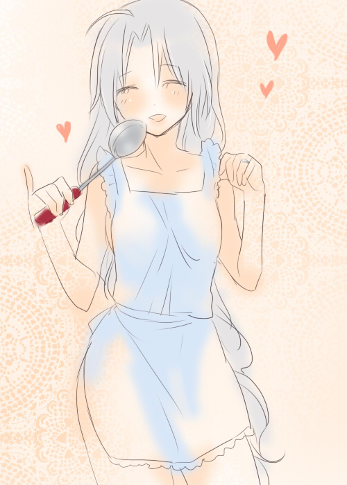blush closed_eyes heart jewelry matyinging naked_apron open_mouth pinky_out ring silver_hair smile touhou yagokoro_eirin