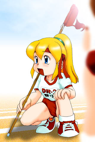 blonde_hair blue_eyes capcom flag gym_uniform hair_ribbon long_hair ponytail ribbon rockman roll