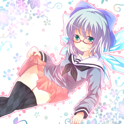 bad_id bespectacled blue_hair cirno glasses green_eyes hair_ribbon ribbon school_uniform solo thigh-highs thighhighs touhou yatomi