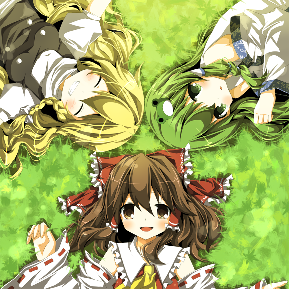 blonde_hair brown_eyes brown_hair chiruku grass green_eyes green_hair hakurei_reimu kirisame_marisa kochiya_sanae lying multiple_girls touhou