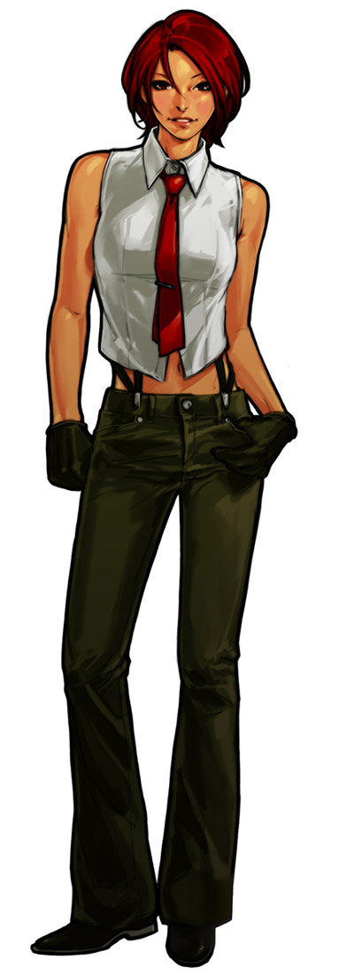 1girl bare_arms black_footwear black_gloves collared_shirt female full_body gloves hiroaki_(artist) hiroaki_(kof) king_of_fighters king_of_fighters_xi kof_11 looking_at_viewer midriff necktie official_art pants parted_lips red_hair red_necktie red_neckwear redhead shirt short_hair simple_background sleeveless sleeveless_shirt snk standing suspenders vanessa white_background