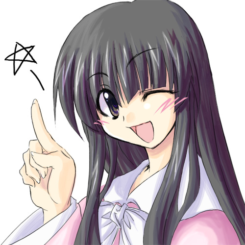 black_eyes black_hair blush bust houraisan_kaguya japanese_clothes long_hair lowres open_mouth pentagram pointing simple_background smile star touhou wink