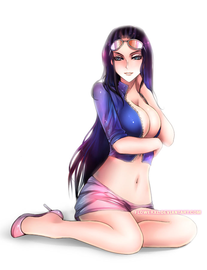 1girl black_hair blue_eyes blue_shirt blush breast_rest breasts center_opening cleavage crop_top eyelashes flowerxl full_body glasses glasses_on_head hair_slicked_back high_heels large_breasts long_hair looking_at_viewer lowleg midriff navel nico_robin no_bra one_piece open_clothes open_shirt pink_shoes pink_skirt revealing_clothes sarong shadow shiny shiny_clothes shirt shoes short_sleeves simple_background sitting skirt smile solo sunglasses sunglasses_on_head unzipped very_long_hair watermark web_address white_background yokozuwari zipper