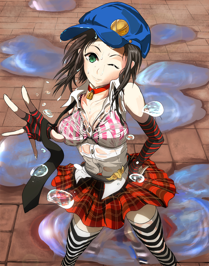 belt black_hair bra breasts cleavage collar dog_collar fingerless_gloves gloves green_eyes marie_(persona_4) open_collar persona persona_4 persona_4_the_golden plaid plaid_skirt puddle see-through skirt sleeveless striped striped_bra striped_gloves striped_legwear underwear water wet wet_clothes wink