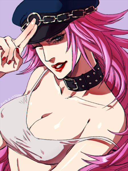 1girl ;) bare_shoulders blue_eyes breasts cleavage collar elina_kuroe_no_daarin erect_nipples final_fight grin hat lipstick long_hair makeup one_eye_closed peaked_cap pink_hair poison_(final_fight) salute smile solo strap_slip studded_collar tank_top