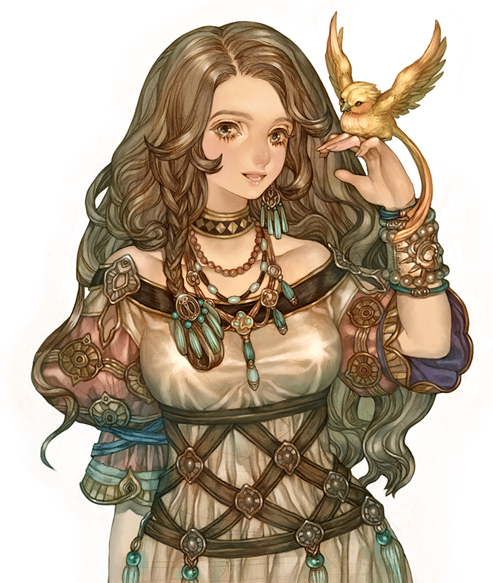 1girl bird braid brown_eyes brown_hair choker druid_master jewelry long_hair looking_at_viewer maggi necklace official_art simple_background solo tree_of_savior