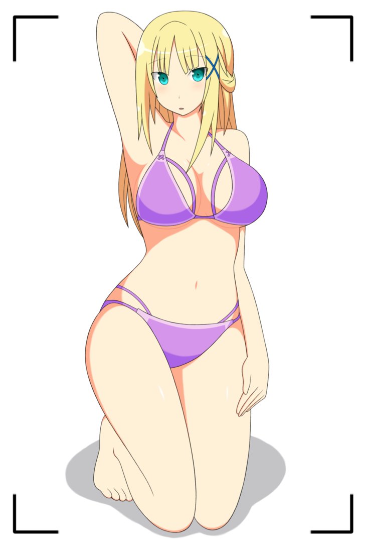 1girl armpits artist_request bikini blonde_hair breasts cleavage conception_2 curvy green_eyes kneeling large_breasts long_hair looking_at_viewer pose solo swimsuit tagme